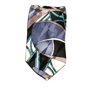 Vintage Necktie Screenplay Martin Wong Silk Geometric Abstract Blue Black Beige